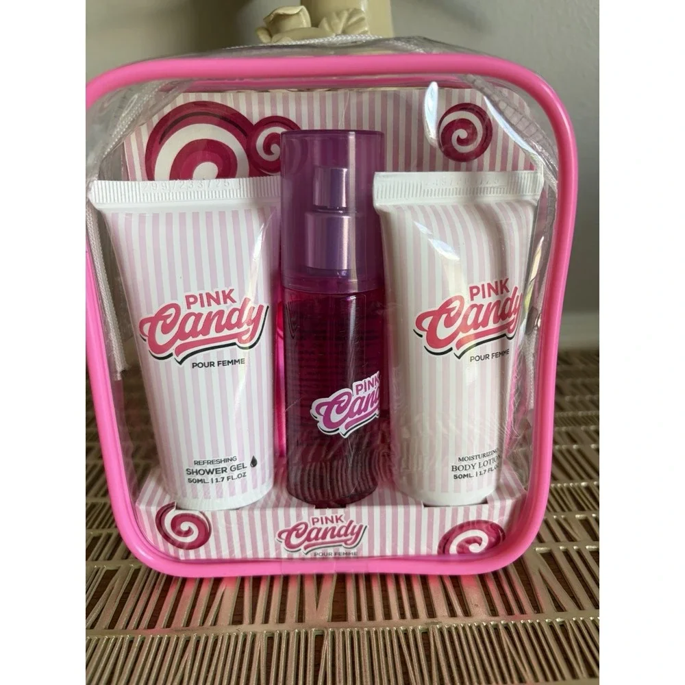 (Lot 3) Pink Candy 3 Pc Gift Set Shower Gel Body Lotion Body Mist Pink Zip Pouch